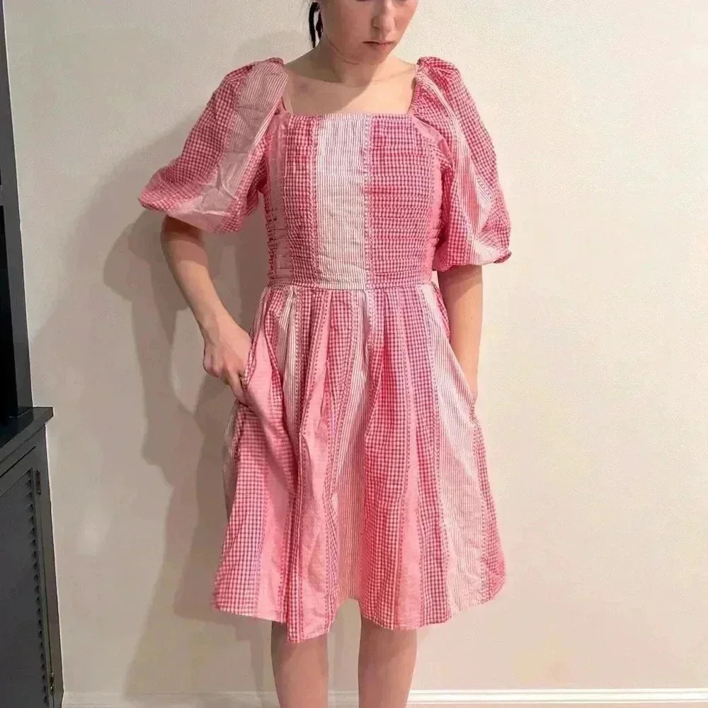 IVY CITY CO gingham plaid puff sleeve square neck cotton smocked sundress sz S